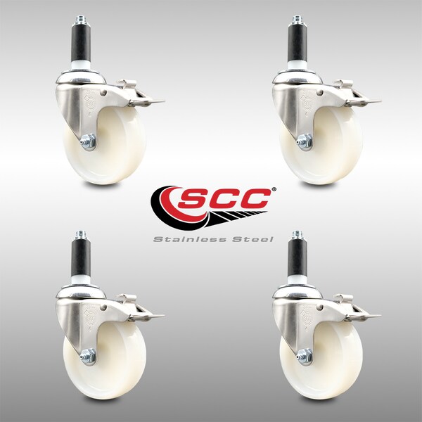4 Inch 316SS Nylon Wheel Swivel 1 Inch Expanding Stem Caster Set Lock Brake